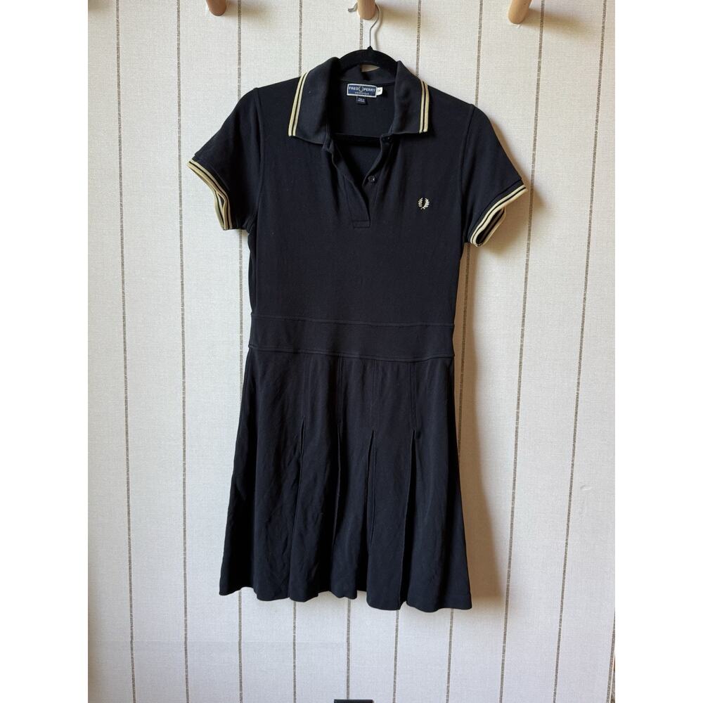 Fred Perry Tipped Pleated Pique Tennis Dress Black Tan UK 14 US 10